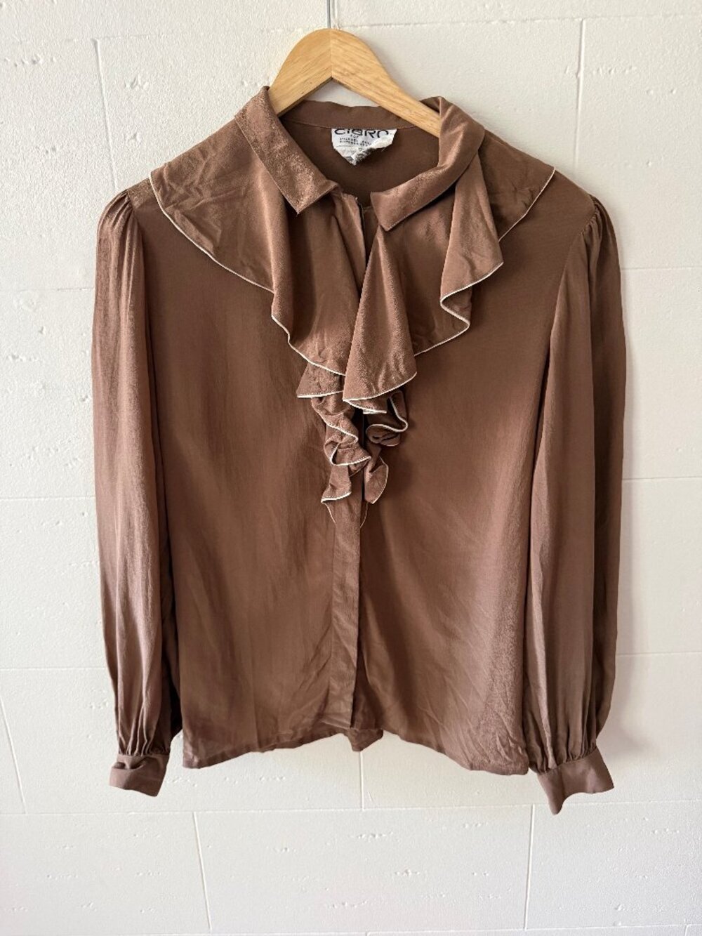 Vintage Silk Brown Ruffle Front Blouse | Medium